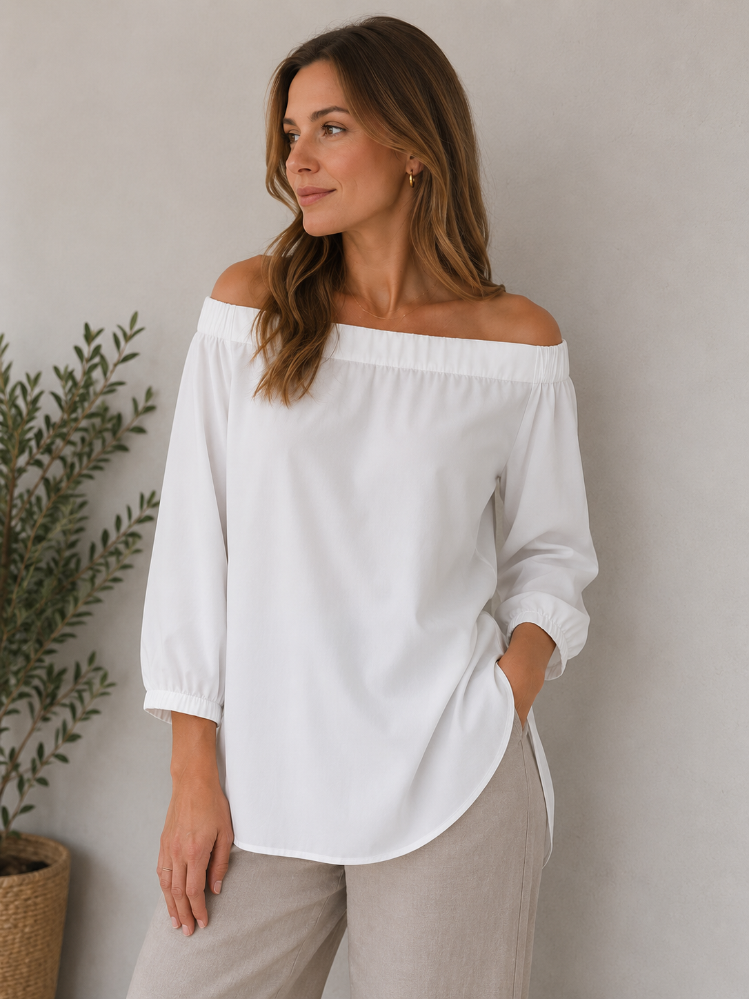 Steffen Schraut Bluse – Größe L – Weiß (Off-Shoulder)
