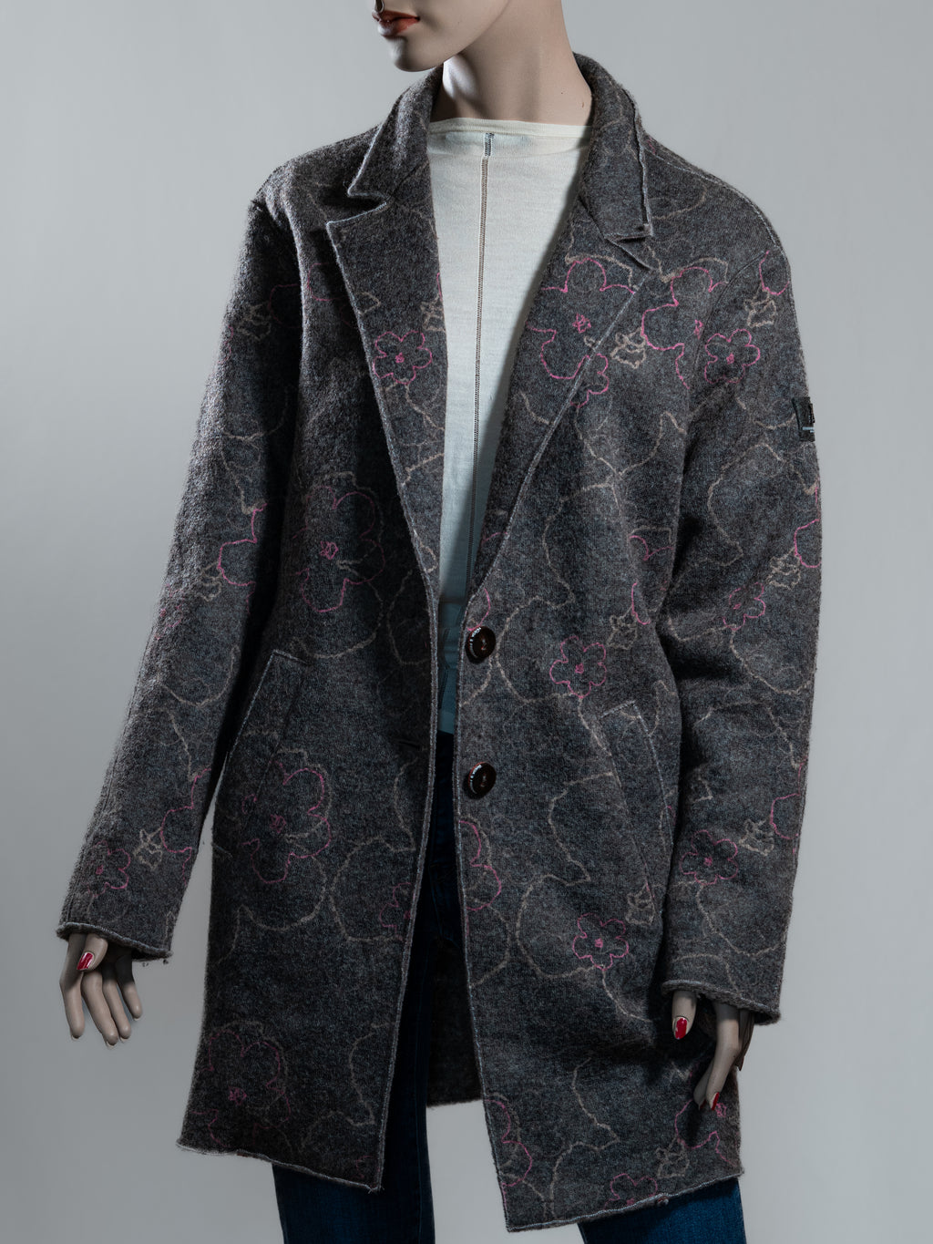 Frieda & Freddies Strickmantel – Grau mit Blumenmuster